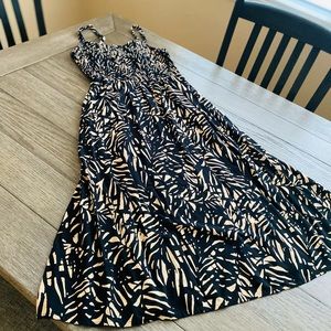 •Black and Tan Smocked Spaghetti Strap Dress with Pockets